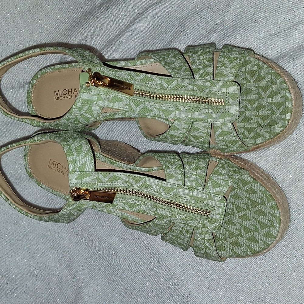 Michael Kors Light Green MK Logo Espadrille Wedge Sandals with Gold Zipper